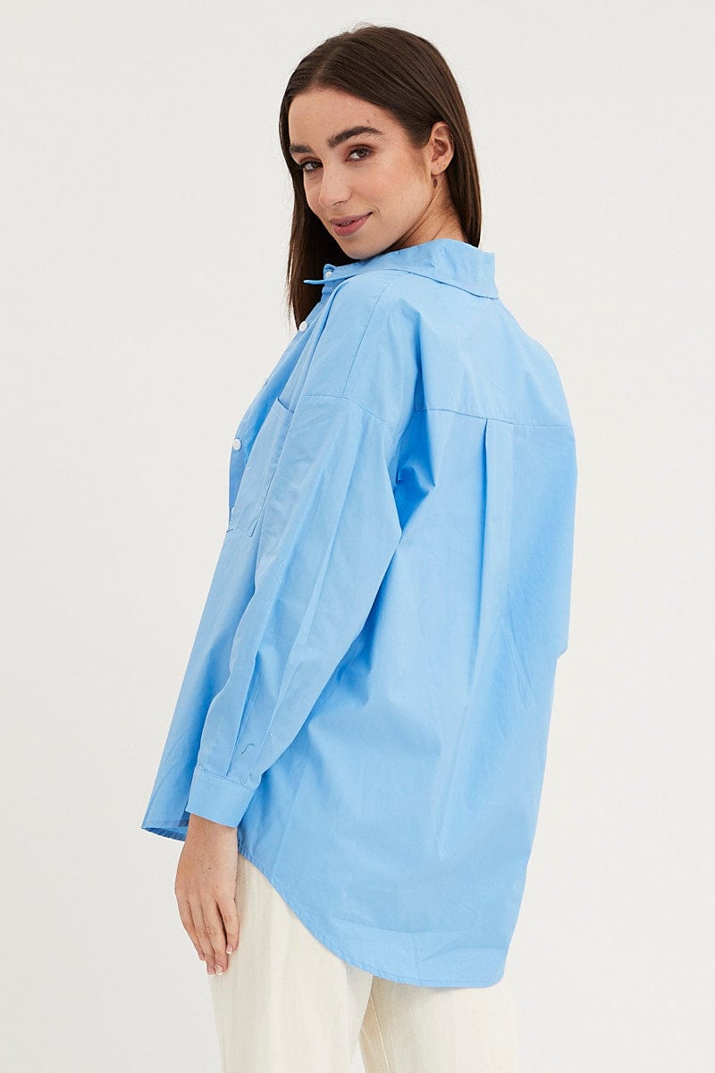 SHIRT Blue Relaxed Shirts Long Sleeve Button Up for Women by Ally