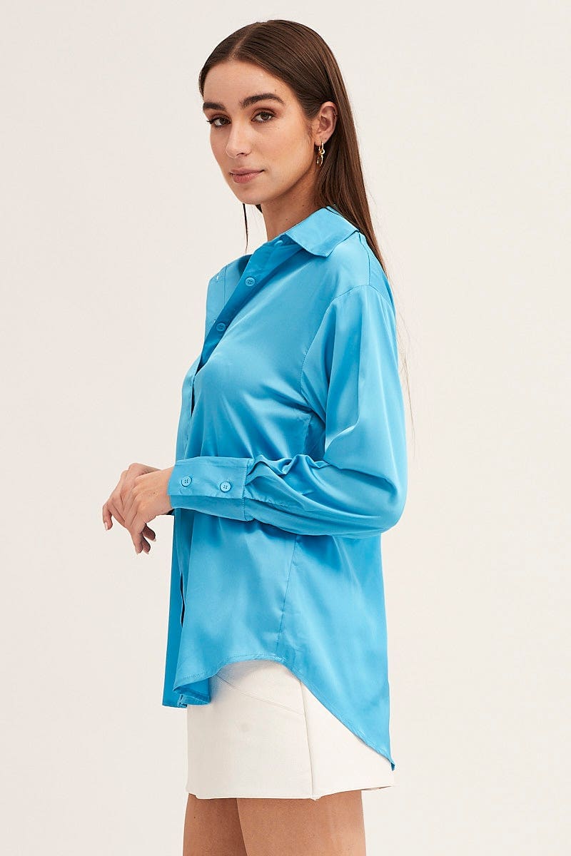SHIRT Blue Satin Shirt Long Sleeve Collared Longline for Women by Ally
