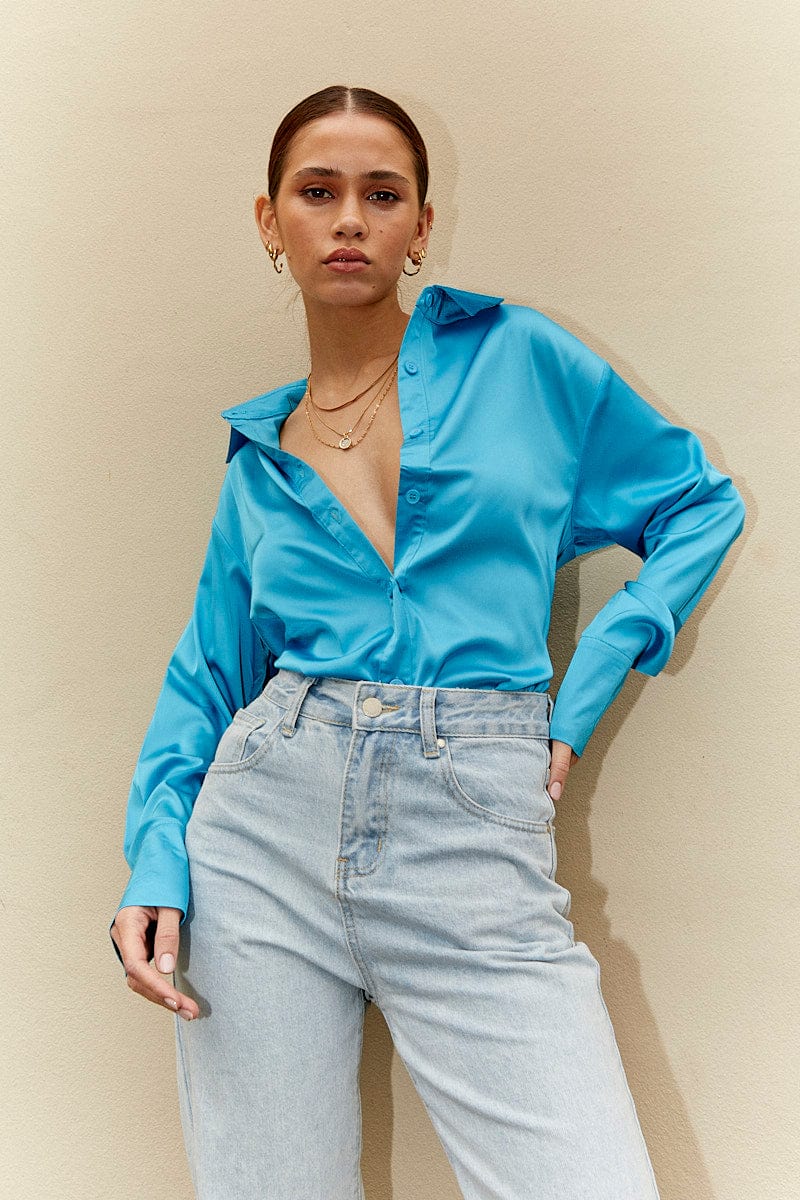 SHIRT Blue Satin Shirt Long Sleeve Collared Longline for Women by Ally