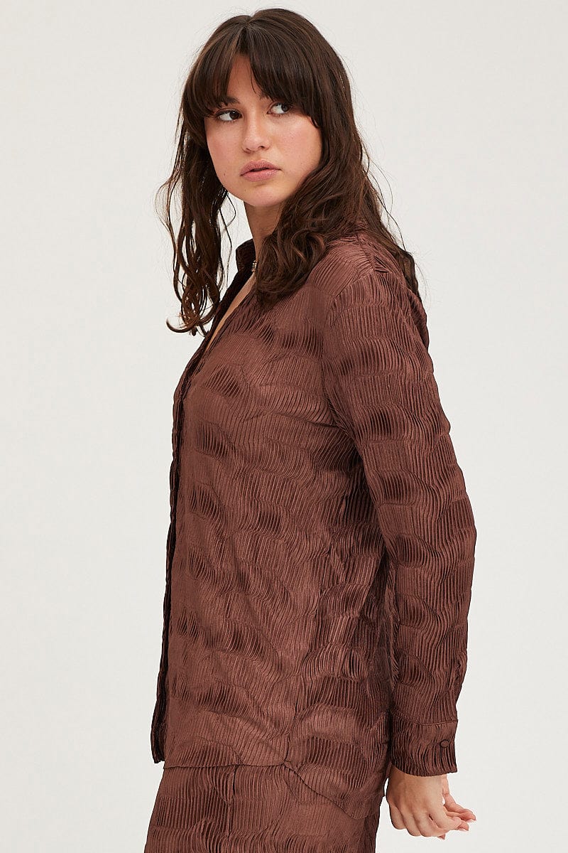 SHIRT Brown Plisse Shirts Long Sleeve for Women by Ally