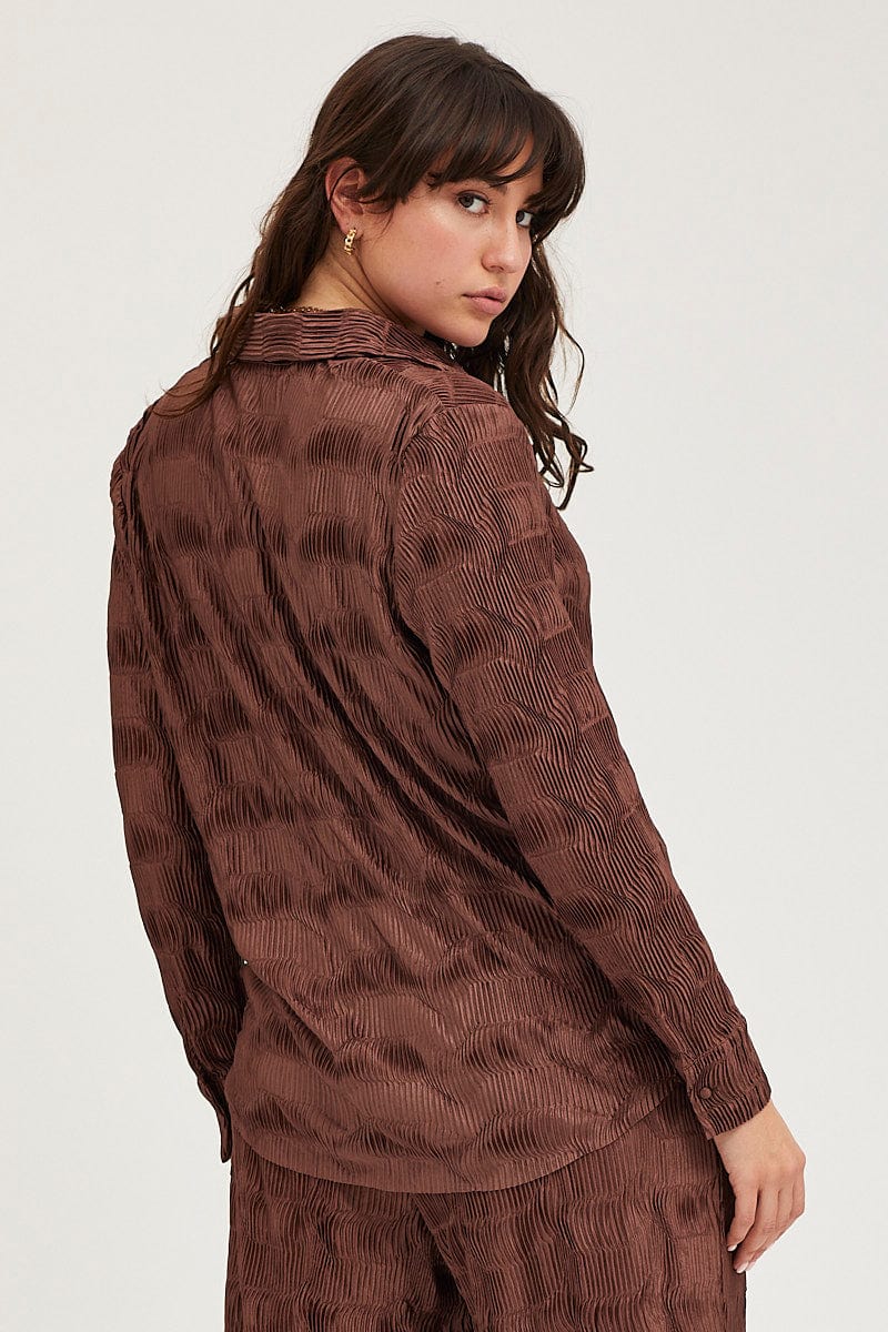 SHIRT Brown Plisse Shirts Long Sleeve for Women by Ally
