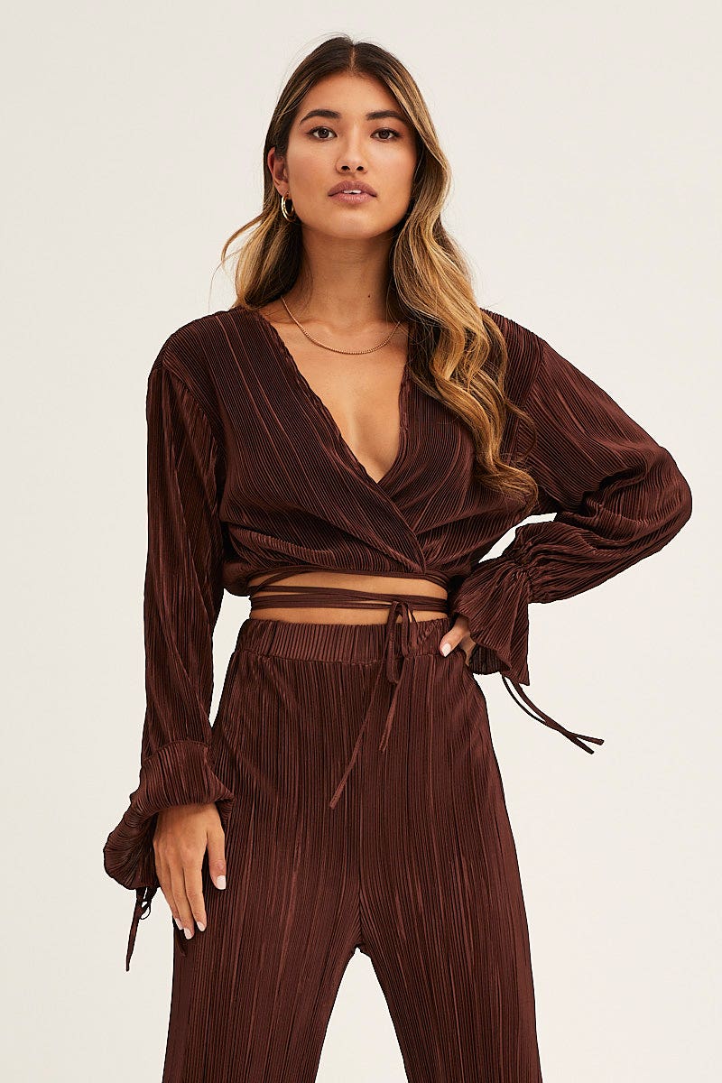 SHIRT Brown Plisse Wrap Top Long Sleeve Crop for Women by Ally