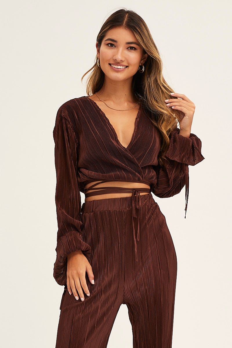 SHIRT Brown Plisse Wrap Top Long Sleeve Crop for Women by Ally