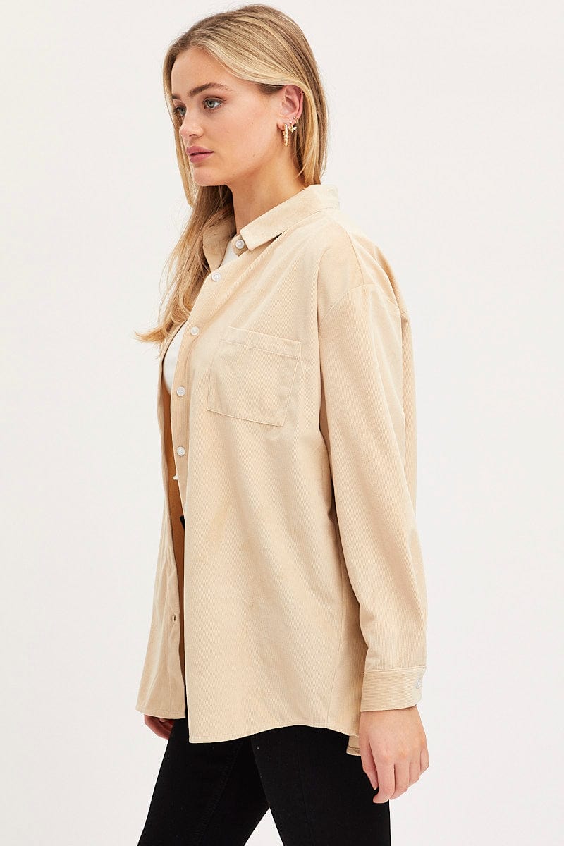 SHIRT Camel Shirt Top Long Sleeve Collared Corduroy for Women by Ally