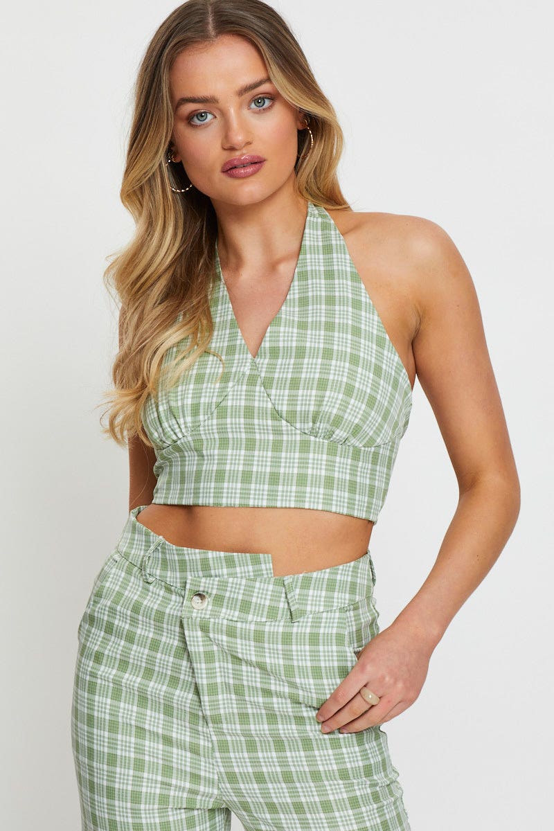SHIRT Check Crop Top Sleeveless Halter for Women by Ally