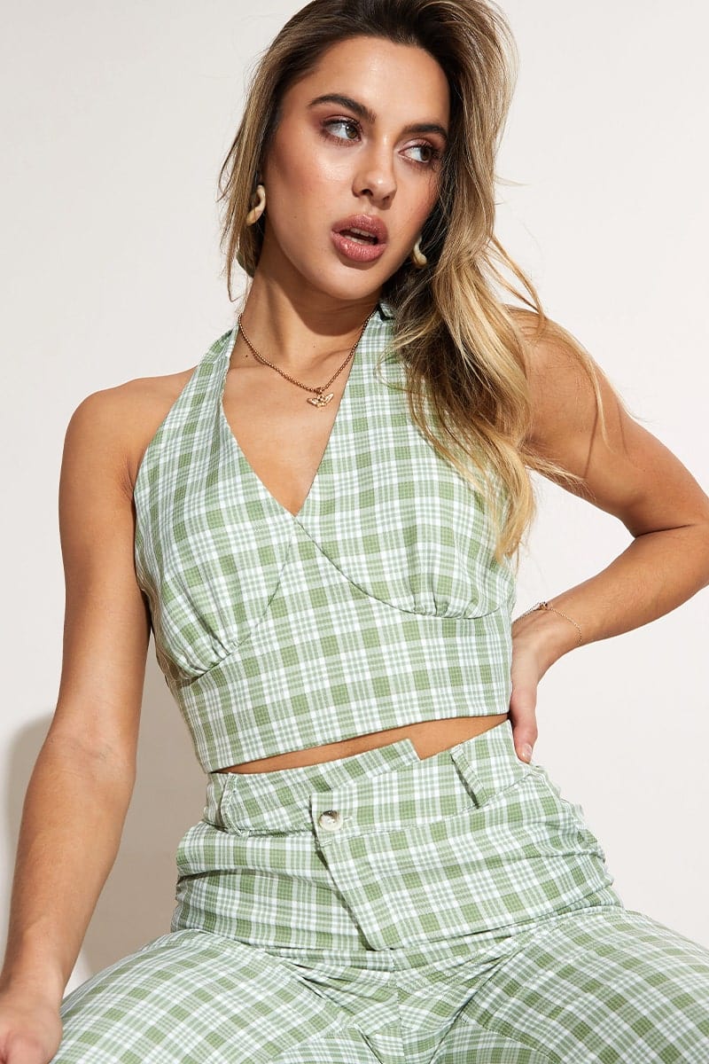 Women’s Check Crop Top Sleeveless Halter | Ally Fashion