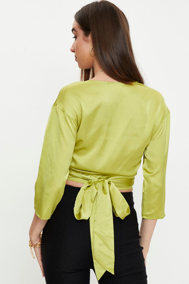 SHIRT Green 3/4 Sleeve Satin Tie Up Top for Women by Ally