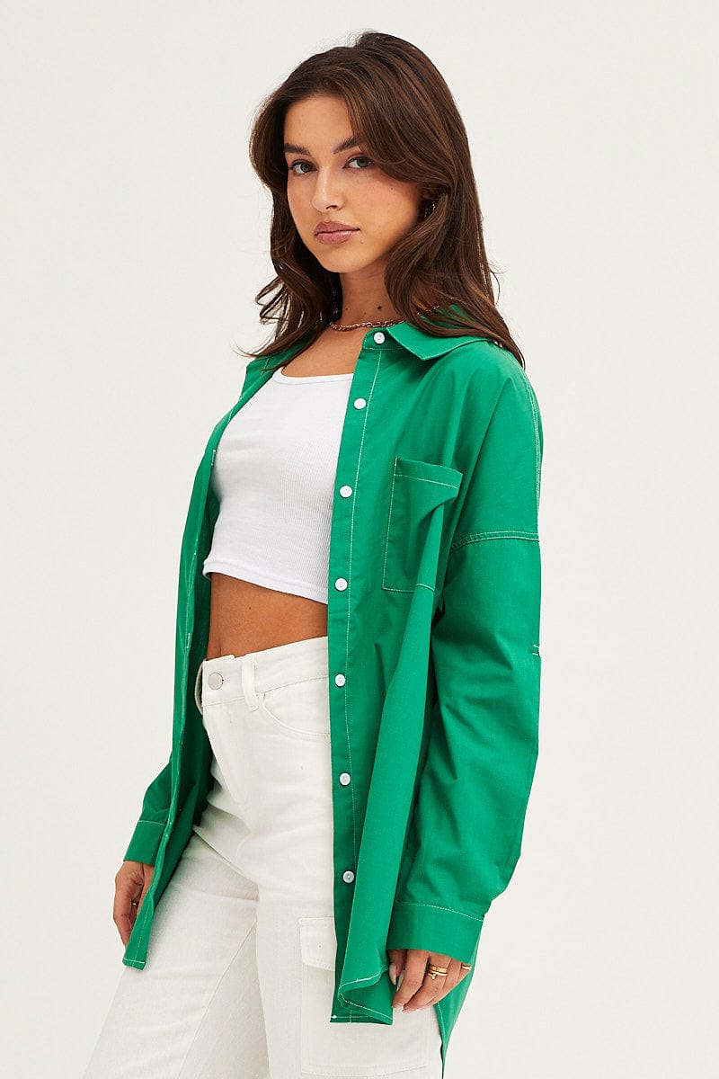 SHIRT Green Oversized Contrast Stitch Button Up Shirt for Women by Ally