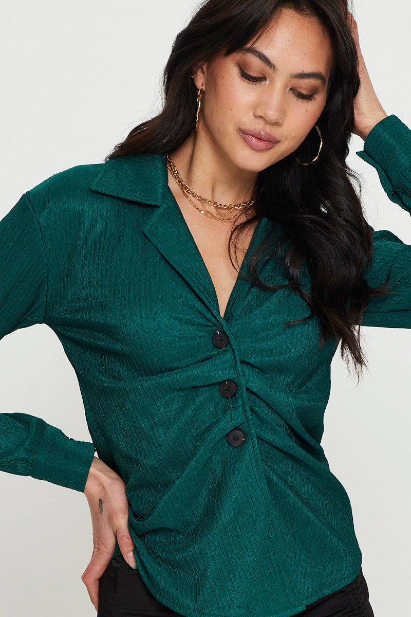 SHIRT Green Oversized Shirts Long Sleeve Collared for Women by Ally
