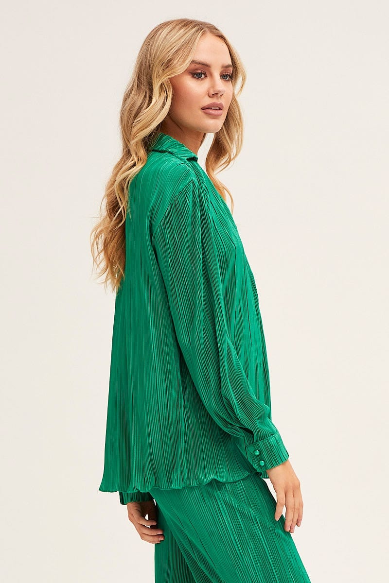 SHIRT Green Plisse Shirt Long Sleeve Button Front for Women by Ally