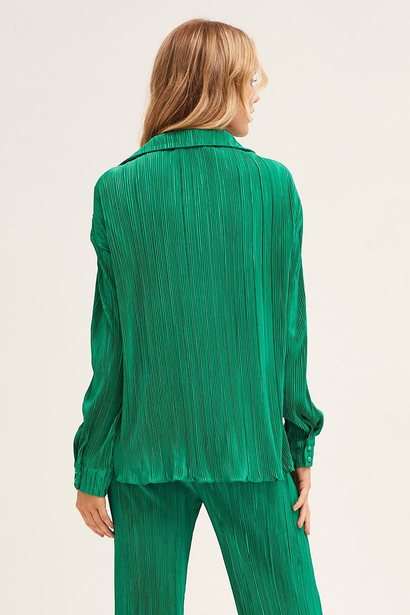 SHIRT Green Plisse Shirt Long Sleeve Button Front for Women by Ally