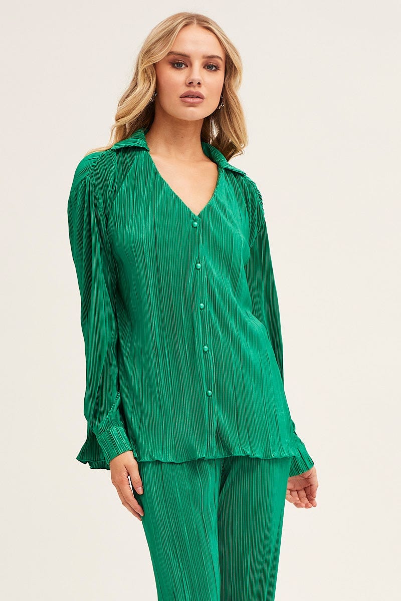 SHIRT Green Plisse Shirt Long Sleeve Button Front for Women by Ally