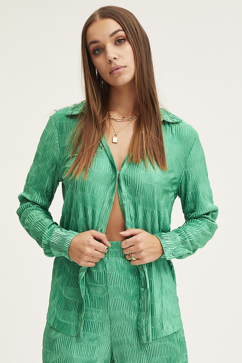 SHIRT Green Plisse Shirts Long Sleeve for Women by Ally