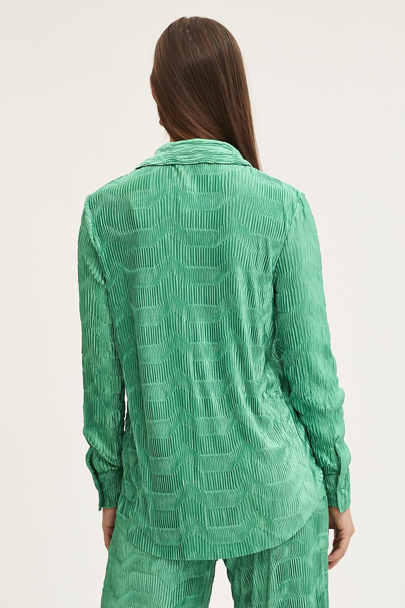 SHIRT Green Plisse Shirts Long Sleeve for Women by Ally