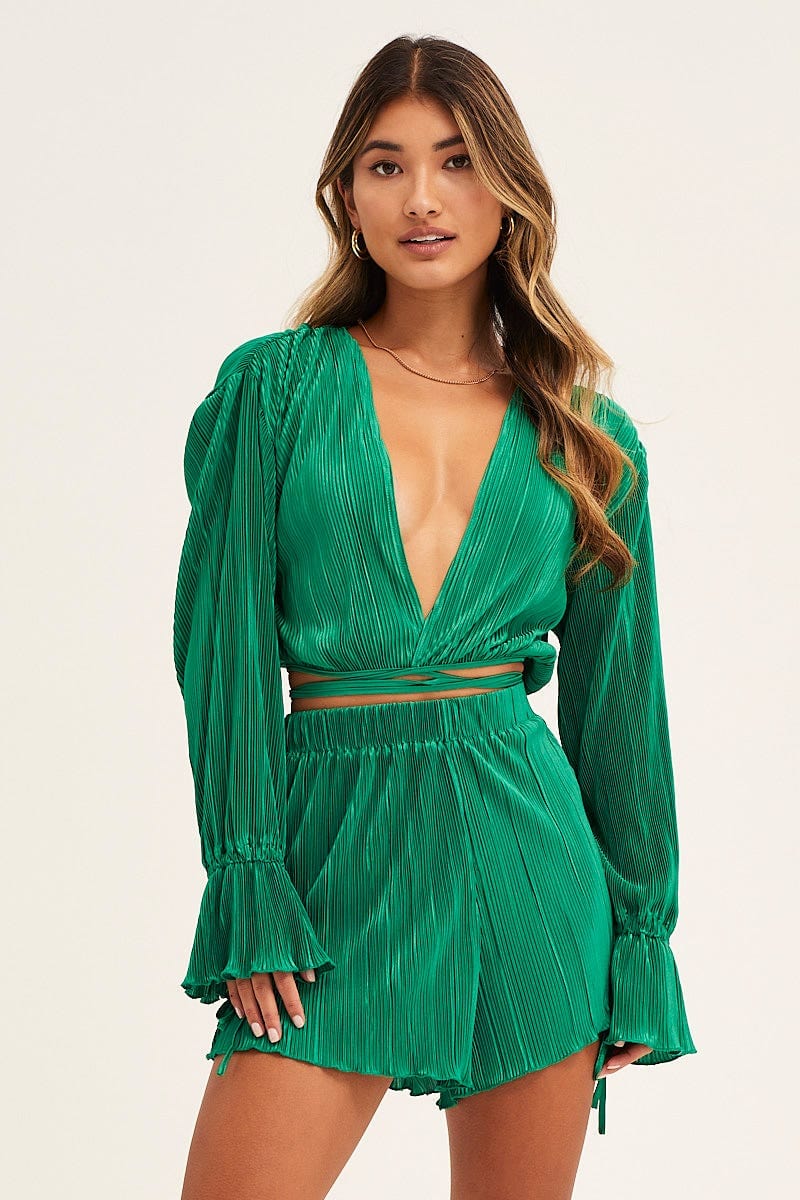 SHIRT Green Plisse Wrap Top Long Sleeve Crop for Women by Ally