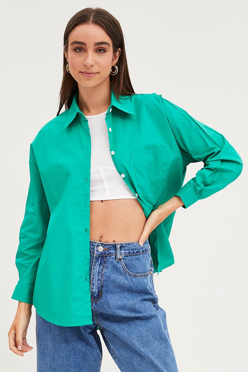 SHIRT Green Relaxed Shirts Long Sleeve Button Up for Women by Ally