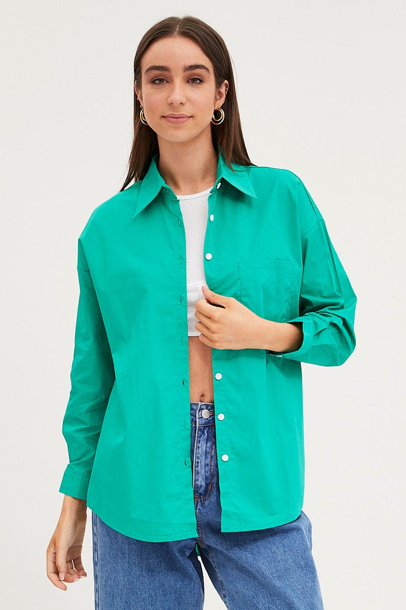 Women's Green Relaxed Shirts Long Sleeve Button Up Ally Fashion