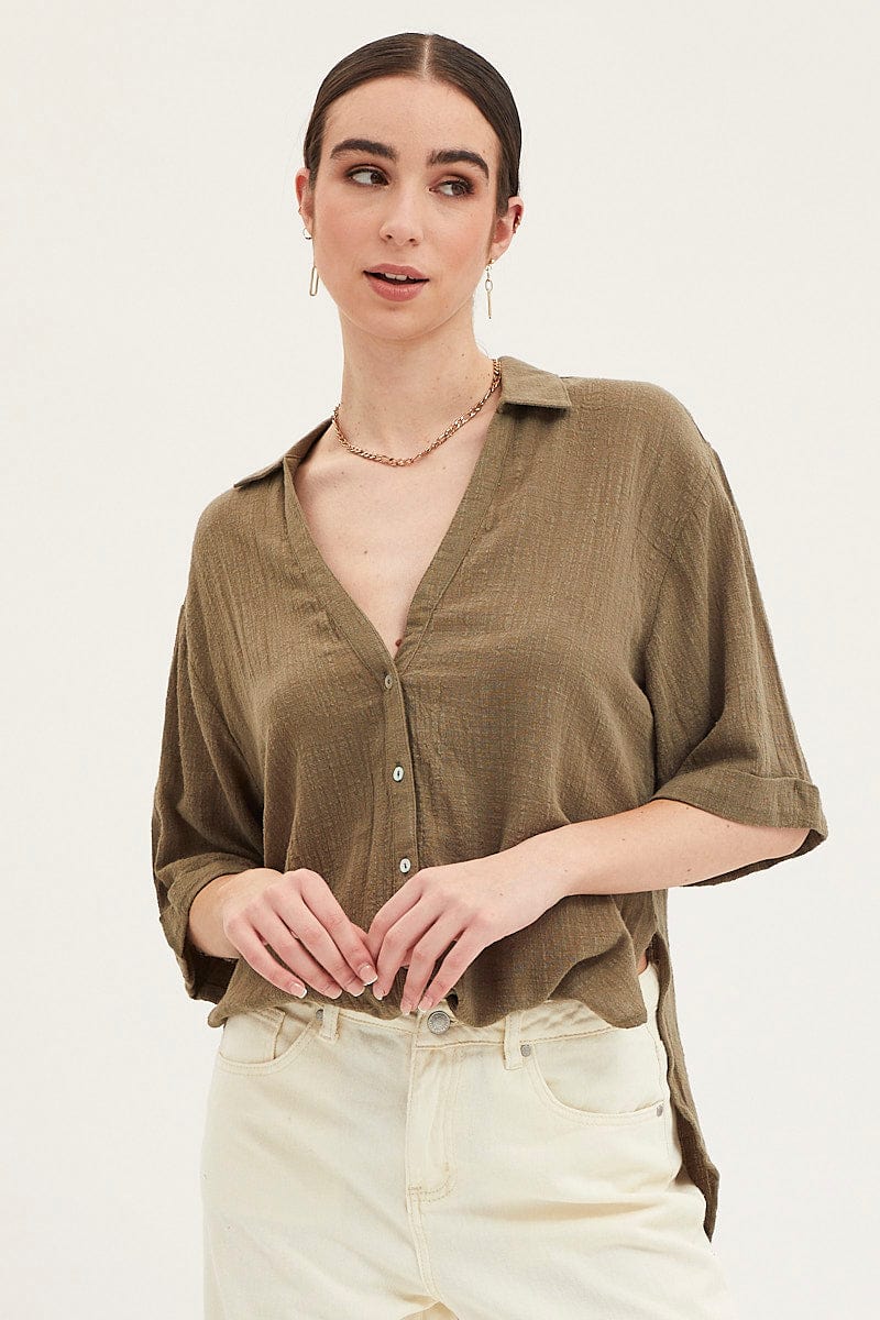 SHIRT Green Shirt Top Short Sleeve for Women by Ally