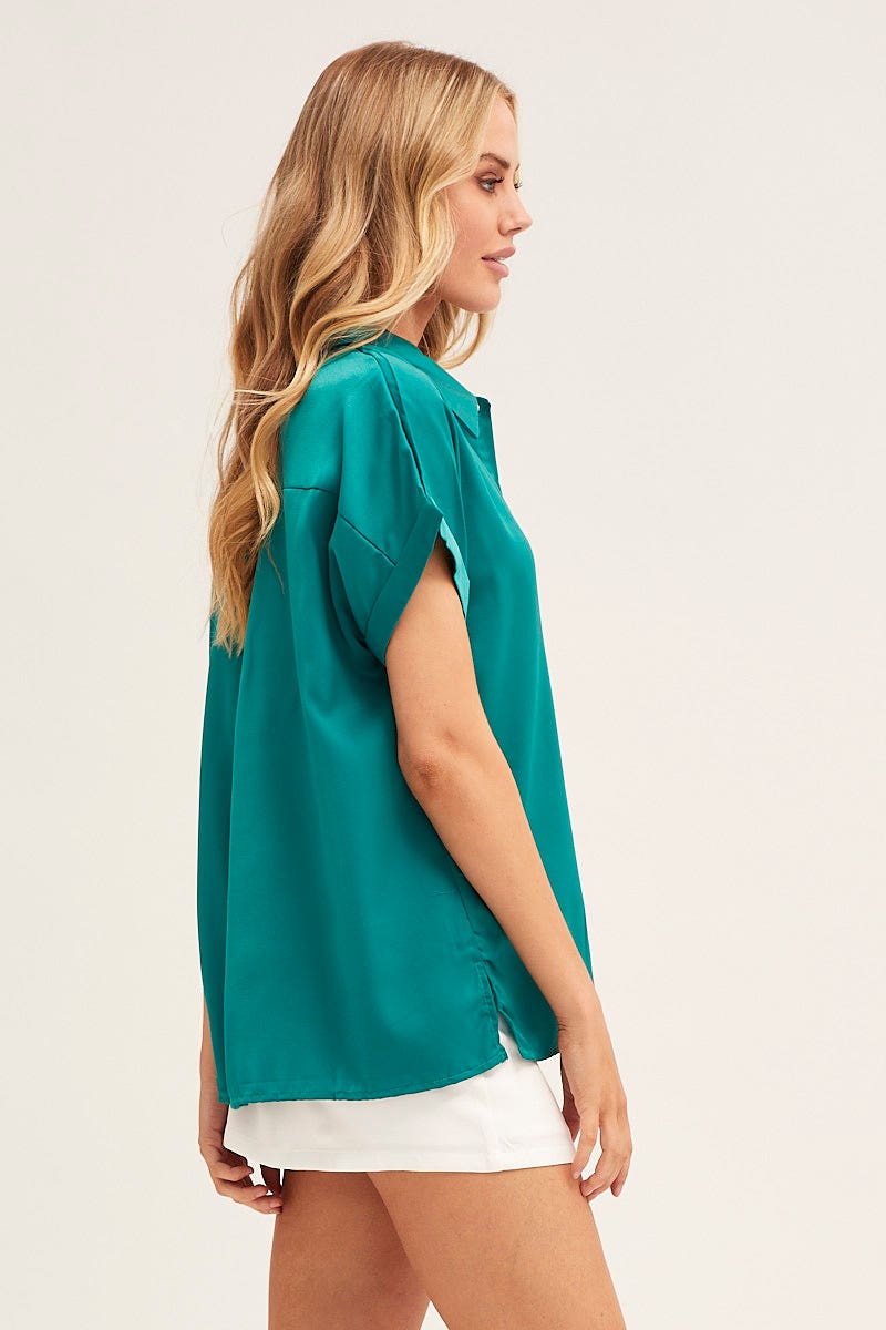 SHIRT Green Short Sleeve Button Shirt for Women by Ally