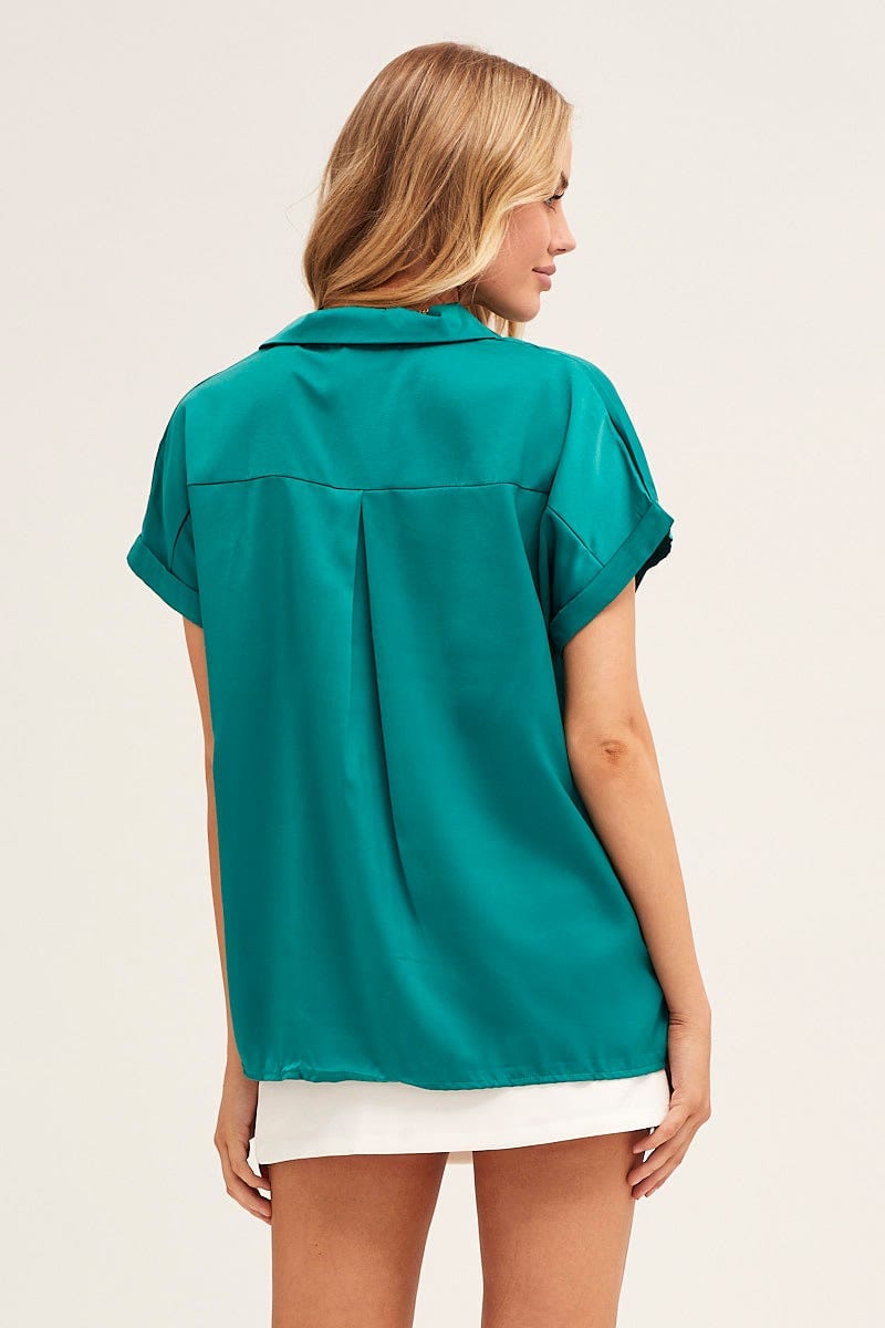 SHIRT Green Short Sleeve Button Shirt for Women by Ally