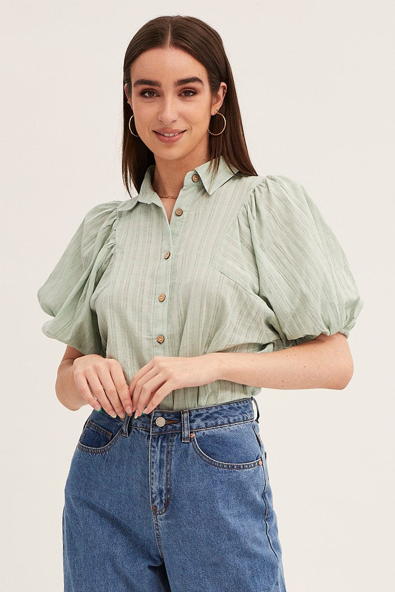 SHIRT Green Workwear Shirts Short Sleeve Button Up for Women by Ally
