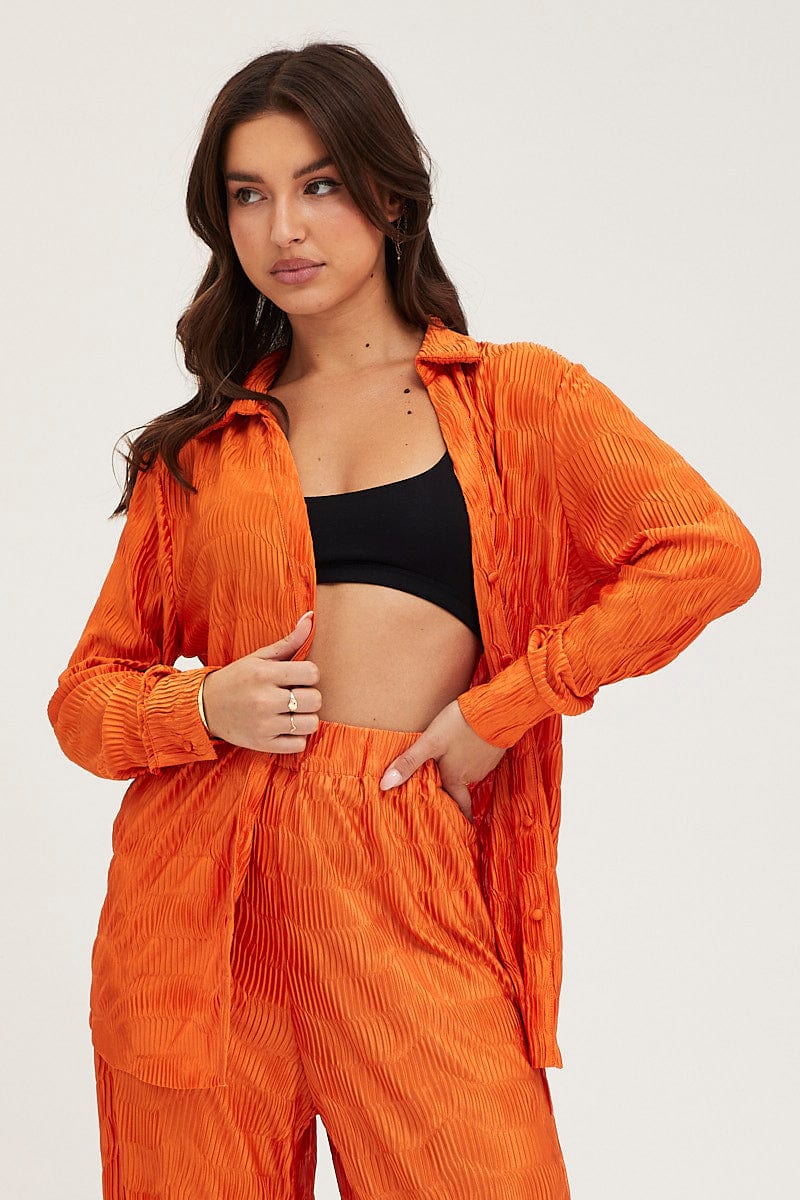 SHIRT Orange Plisse Shirts Long Sleeve for Women by Ally