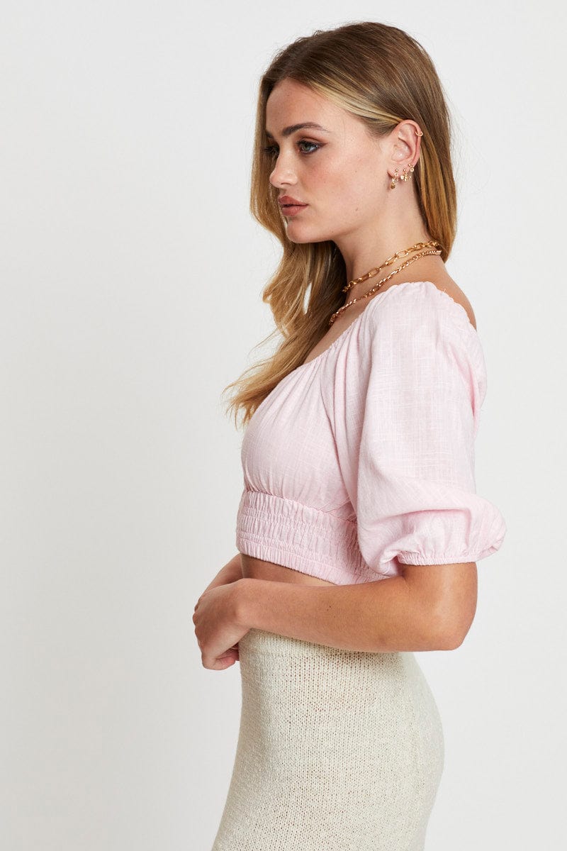 SHIRT Pink Crop Top Short Sleeve Gathered Bust for Women by Ally