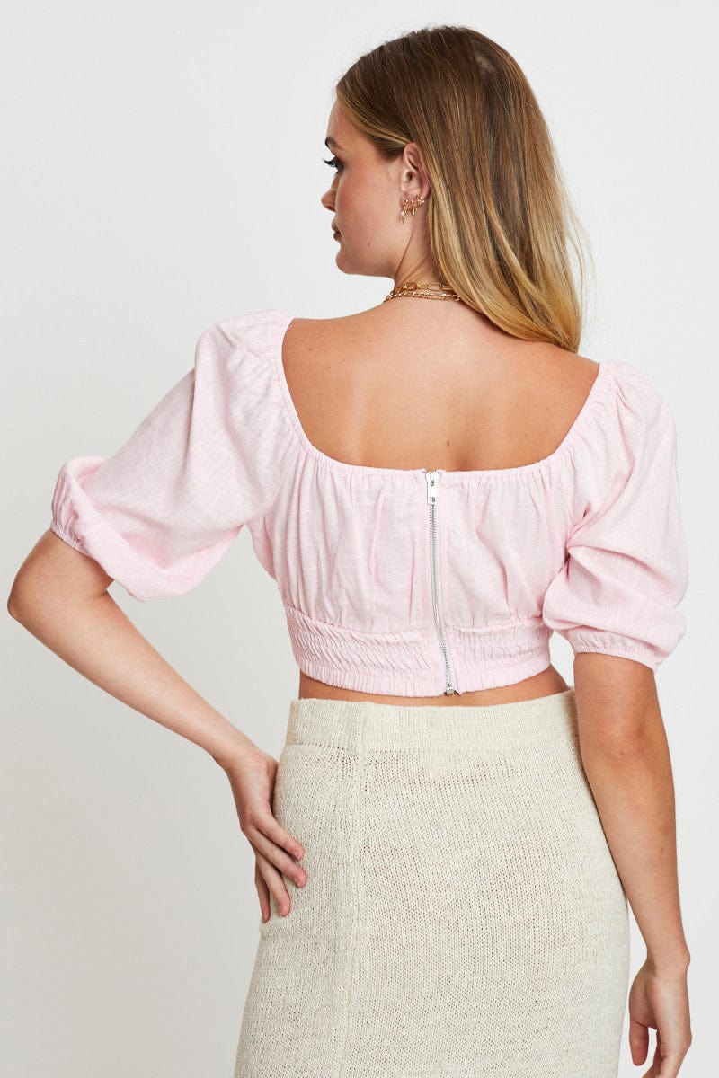 SHIRT Pink Crop Top Short Sleeve Gathered Bust for Women by Ally