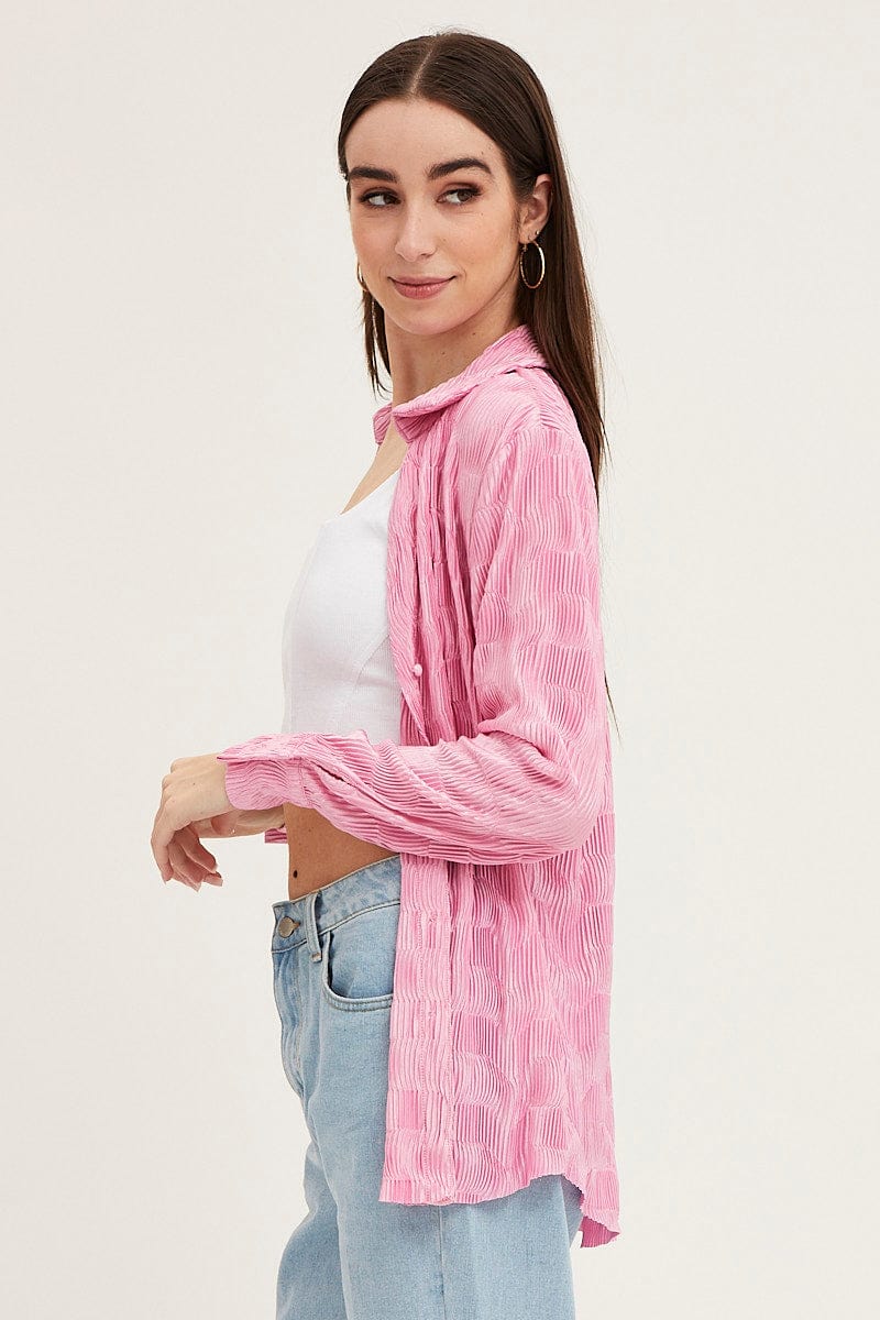 SHIRT Pink Long Sleeve Plisse Shirt for Women by Ally