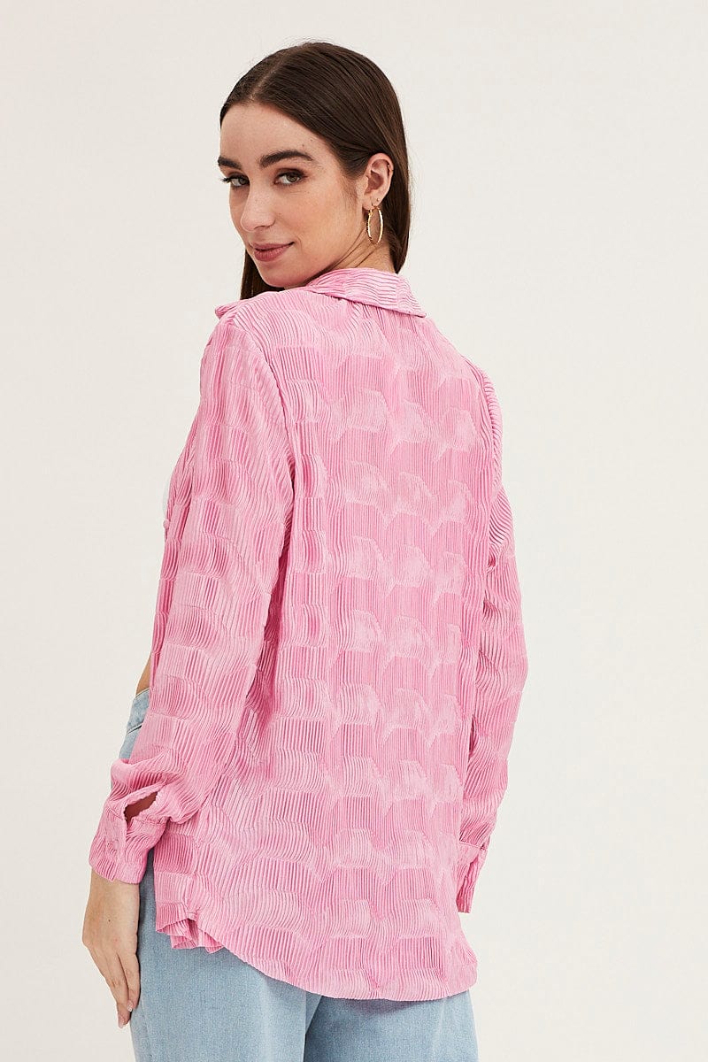 SHIRT Pink Long Sleeve Plisse Shirt for Women by Ally