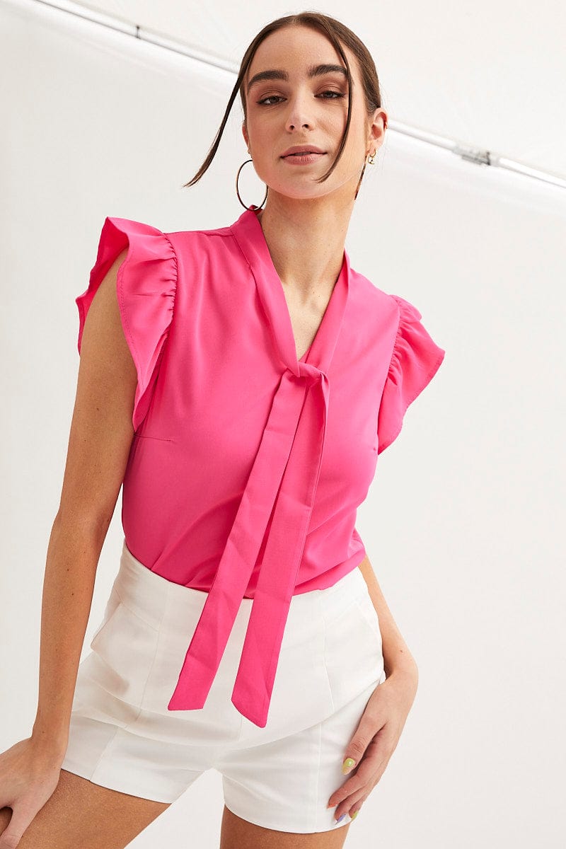 SHIRT Pink Tie Front Ruffle Sleeve Top for Women by Ally