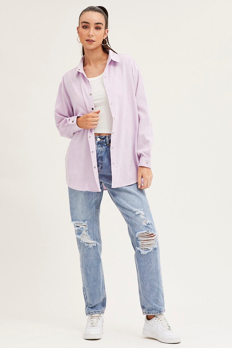 SHIRT Purple Shirt Top Long Sleeve Collared Corduroy for Women by Ally
