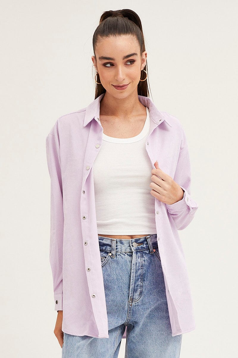 SHIRT Purple Shirt Top Long Sleeve Collared Corduroy for Women by Ally