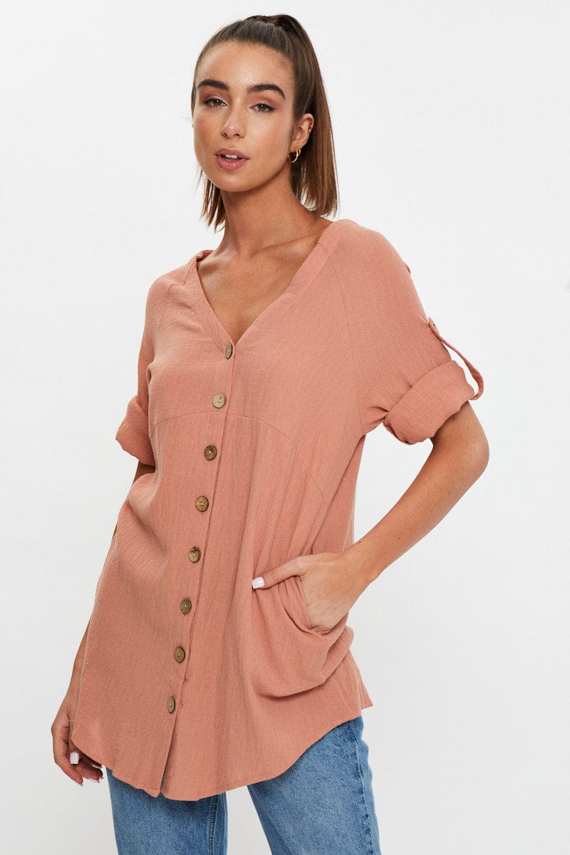 SHIRT Rust Half Sleeve Linen Look Long Shirt Top for Women by Ally