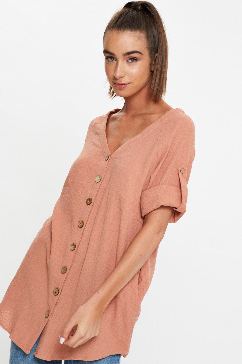 SHIRT Rust Half Sleeve Linen Look Long Shirt Top for Women by Ally