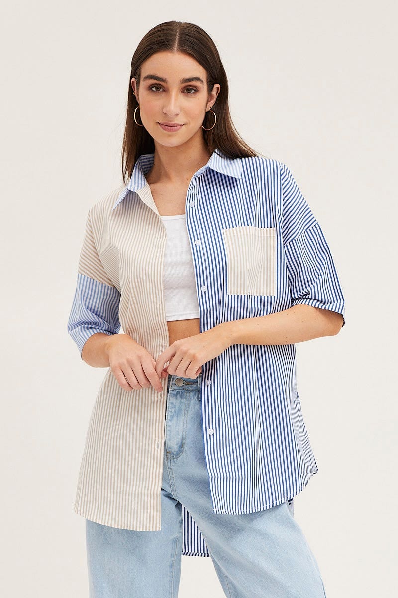 SHIRT Stripe Half Sleeve Stripe Longline Shirt for Women by Ally