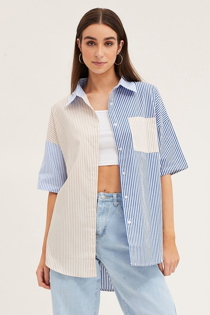 SHIRT Stripe Half Sleeve Stripe Longline Shirt for Women by Ally