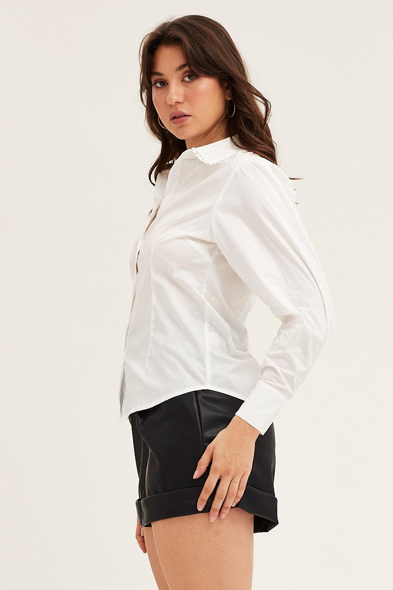 SHIRT White Lace Trim Collar Long Sleeve Button Up Shirt for Women by Ally
