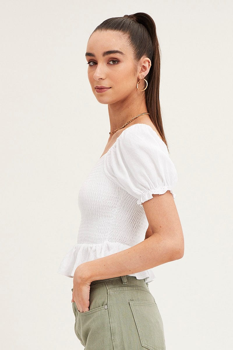 SHIRT White Puff Sleeve Shirred Top for Women by Ally