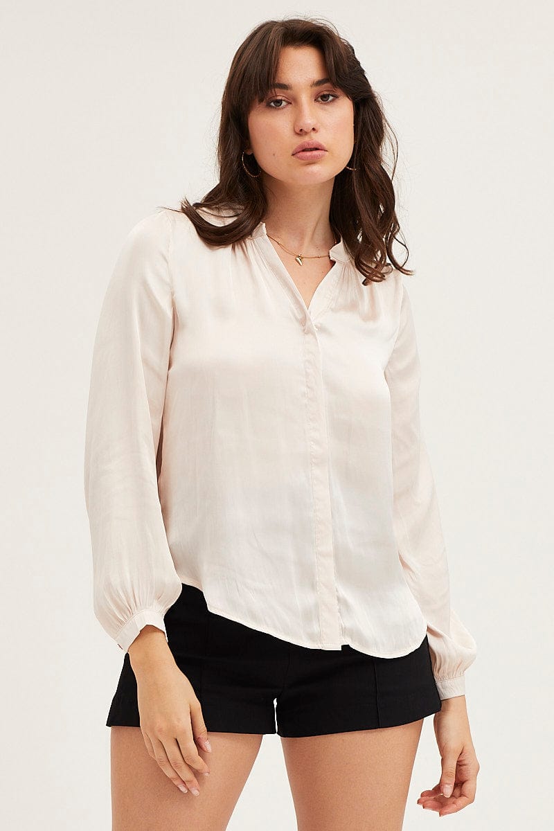 SHIRT White Shirt Long Sleeve Gathered Satin for Women by Ally