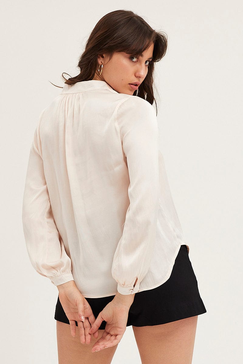 SHIRT White Shirt Long Sleeve Gathered Satin for Women by Ally