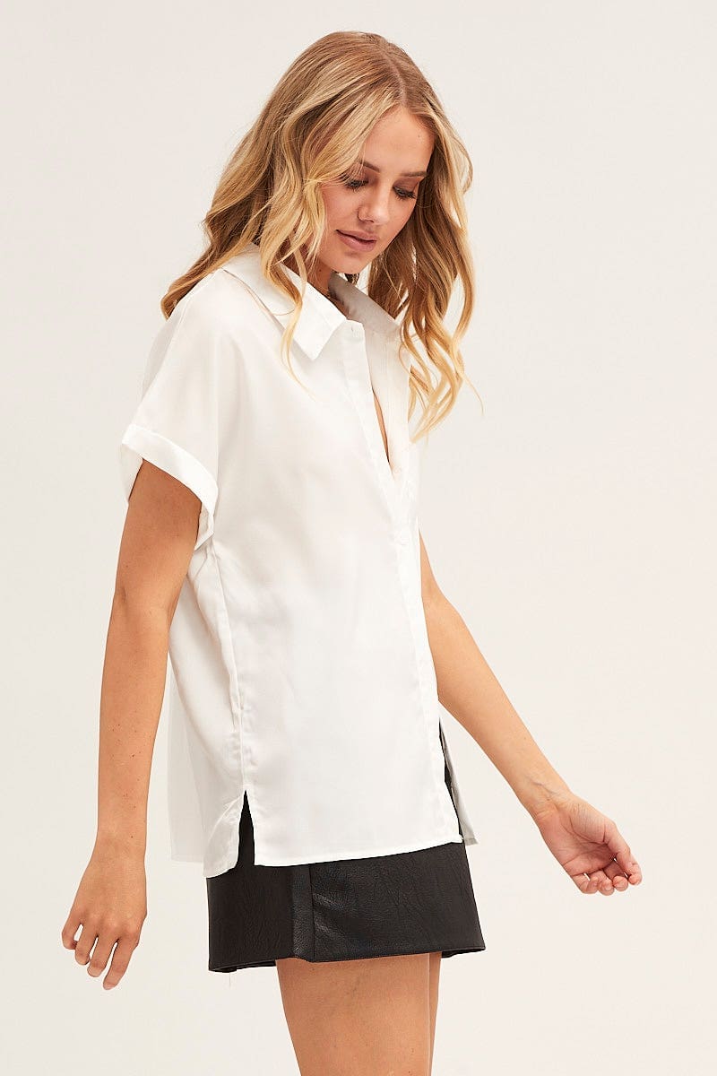 SHIRT White Short Sleeve Button Shirt for Women by Ally