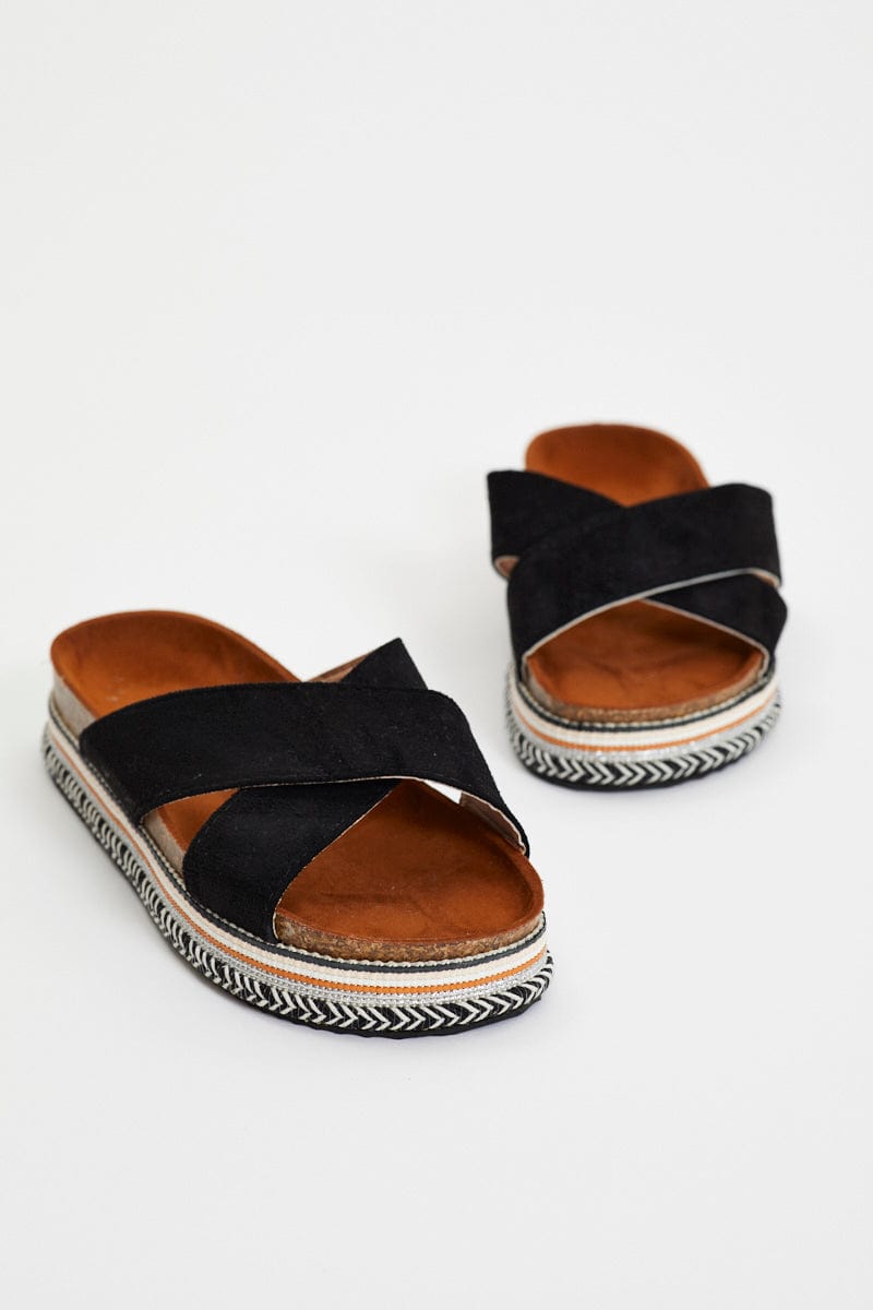 SHOES Black Cross Over Platform Sliders for Women by Ally