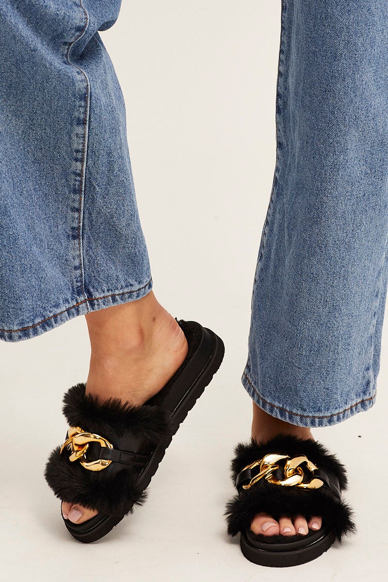 SHOES Black Faux Fur Chain Slippers for Women by Ally