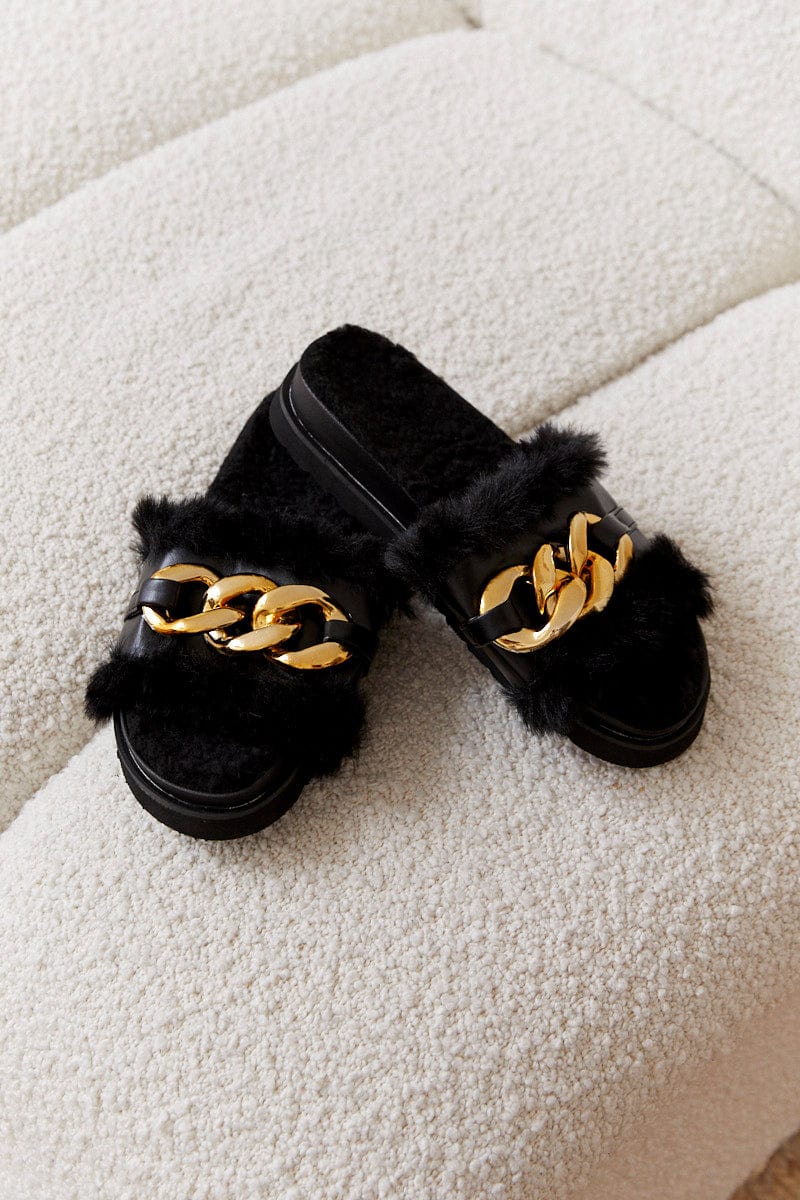SHOES Black Faux Fur Chain Slippers for Women by Ally