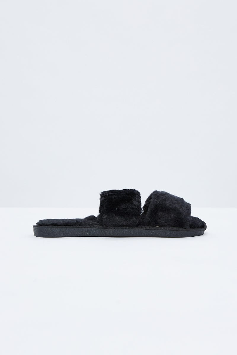 SHOES Black Faux Fur Fluffy Slides for Women by Ally