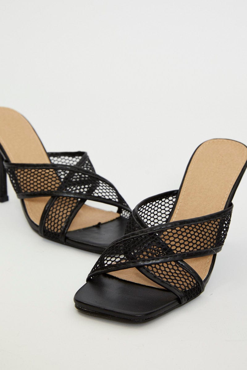 SHOES Black Penelope Cross Over Mesh Strap High Heel Mule for Women by Ally