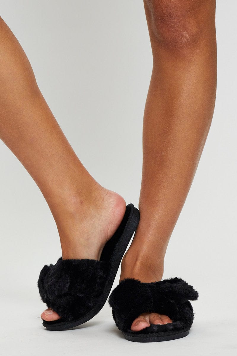 SHOES Black Plush Faux Fur Bow Detail Slippers for Women by Ally