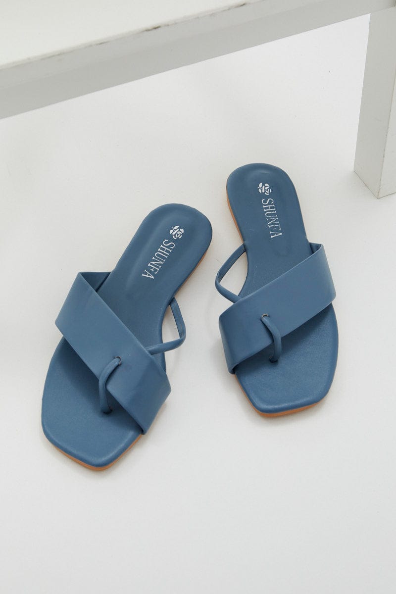 SHOES Blue Cross Strap Flat Slides for Women by Ally