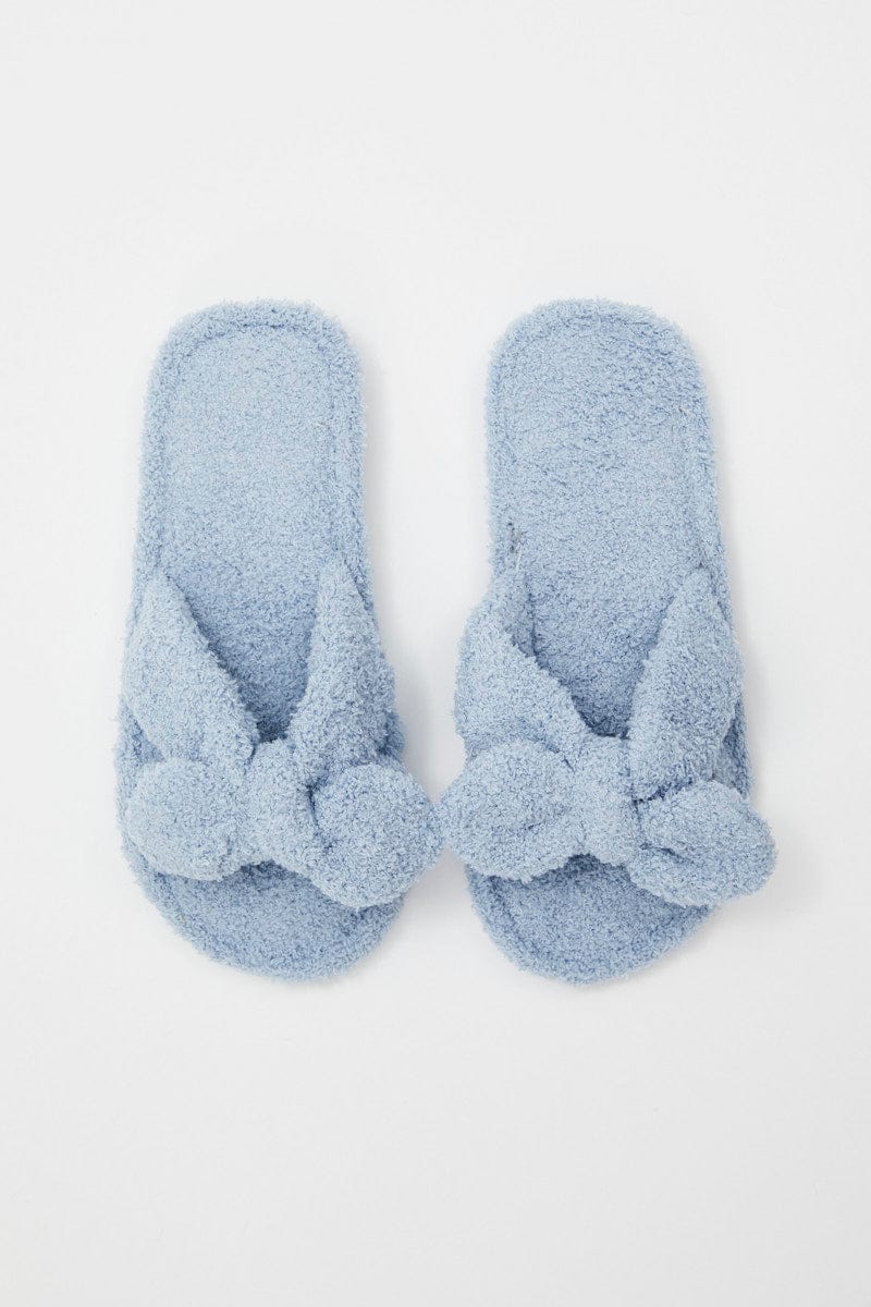 SHOES Blue Fluffy Bow Detail Slippers for Women by Ally